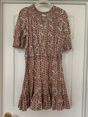 Spartina Smocked Neck Floral Tiered Dress - Neutral Tan Print